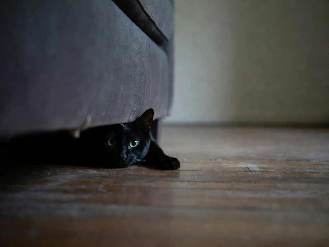 A cat hiding under the edge of a sofa