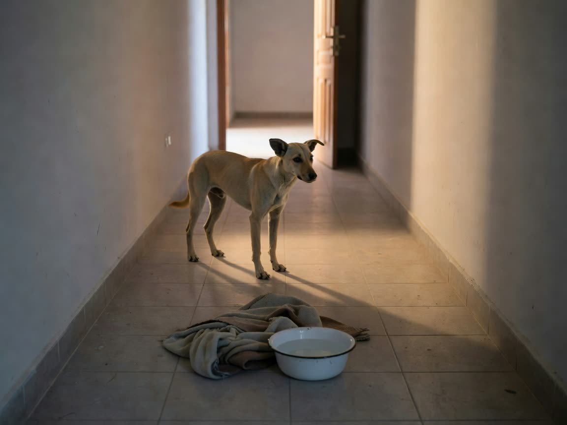A thin rescue dog hesitating in a hallway