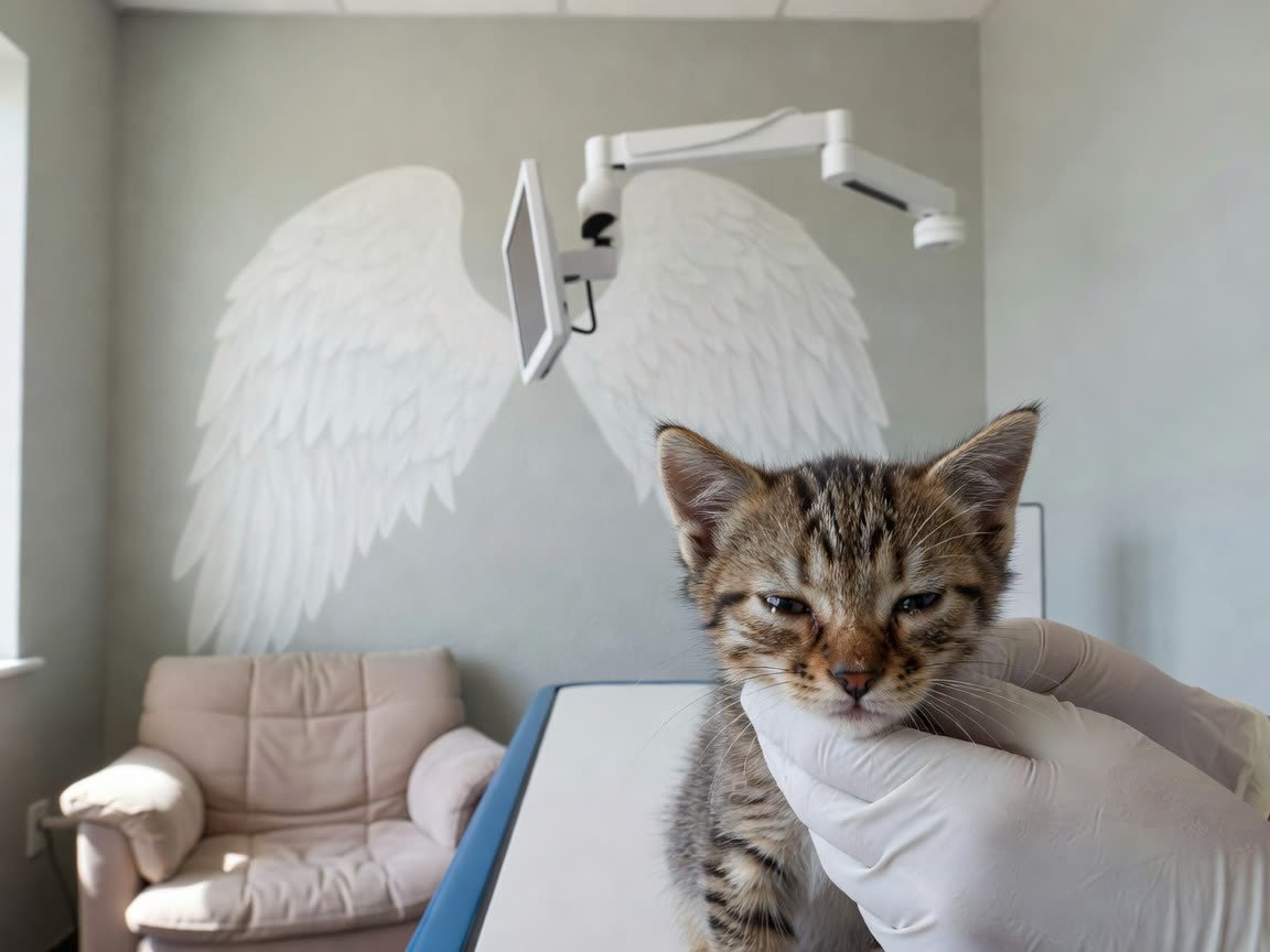 A kitten with one eye half closed being examined