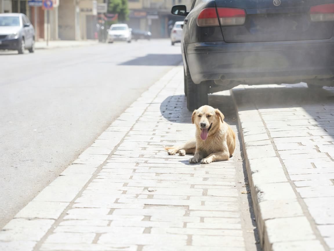 A dog panting in the shade of a parked car