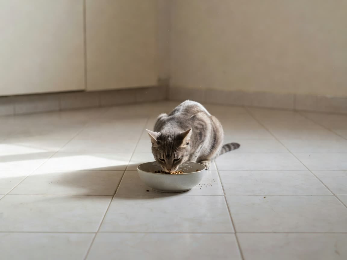 A cat eating from the middle of a deep bowl