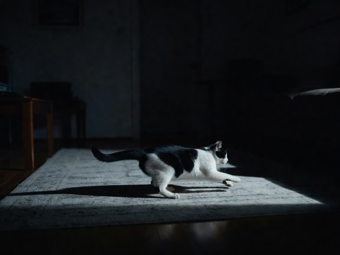 A cat mid pounce in a dark room