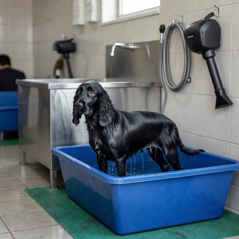 A wet spaniel standing in the bath tub