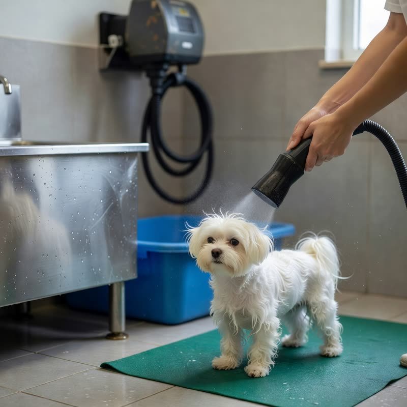 A dryer blowing a small dog's coat