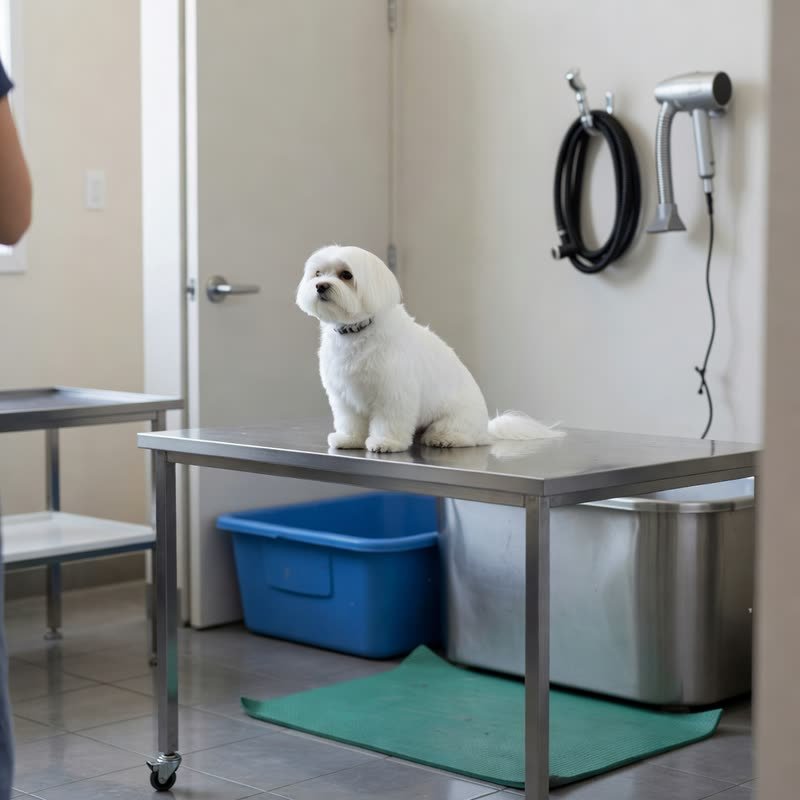 A groomed Maltese on the grooming table