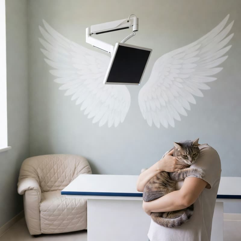 An adult cat held calmly against a chest