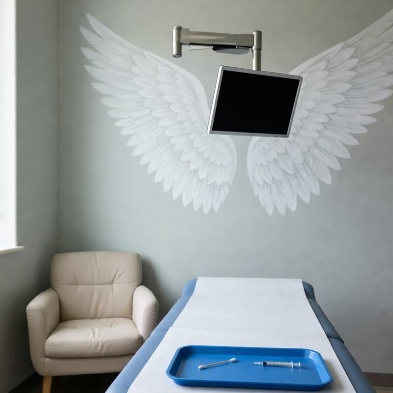 A cotton swab and a syringe on a tray